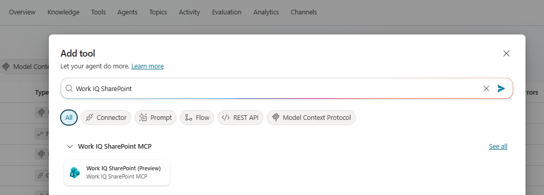 Copilot Studio Add Tool dialog with 'Work IQ SharePoint' entered in the search field. The Work IQ SharePoint (Preview) MCP option appears in the search results, ready to attach to the agent.