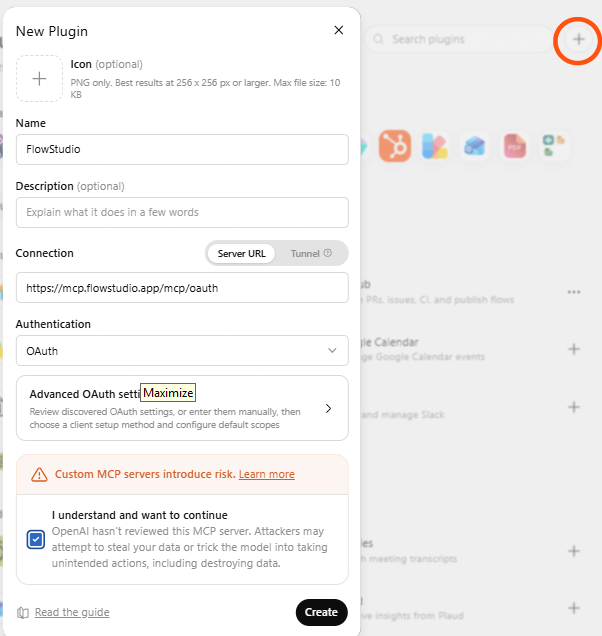 The ChatGPT New Plugin dialog with the FlowStudio server URL filled in and Authentication set to OAuth