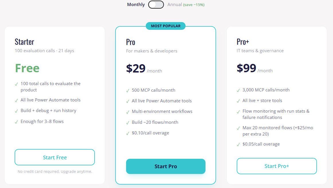FlowStudio MCP individual pricing cards: Starter free, Pro $29 per month, Pro+ $99 per month