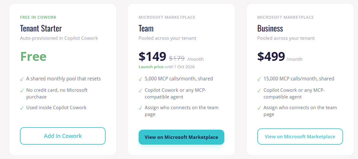 FlowStudio MCP tenant pricing cards: Tenant Starter free, Team $149 per month launch price, Business $499 per month