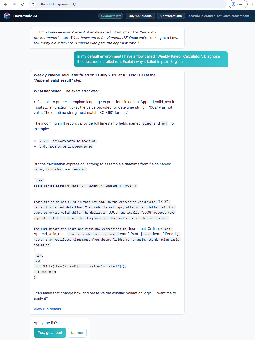 Flowra diagnosing a failed flow: it names the failing step, quotes the exact error, and offers to apply the fix