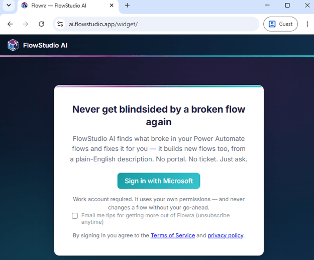 FlowStudio AI sign-in screen with the Sign in with Microsoft button