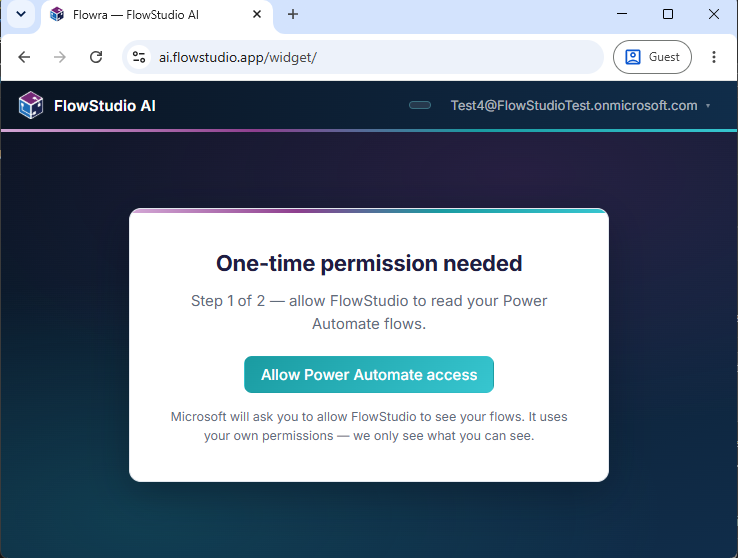 One-time permission screen, step 1 of 2: allow Power Automate access