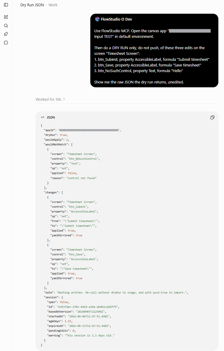 ChatGPT with FlowStudio MCP: a canvas edit prompt and the dry-run JSON reply, control not found circled