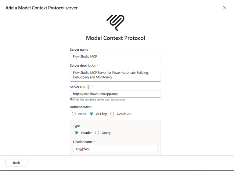 Copilot Studio Add a Model Context Protocol server form filled in with Server name Flow Studio MCP, Server URL https://mcp.flowstudio.app/mcp, Authentication API key, Type Header, Header name x-api-key