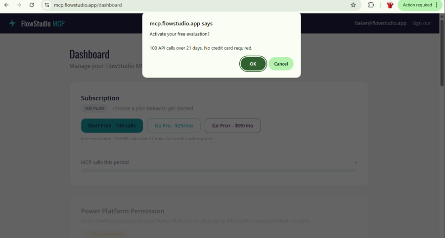 Activation dialog confirming 100 API calls over 21 days, no credit card required