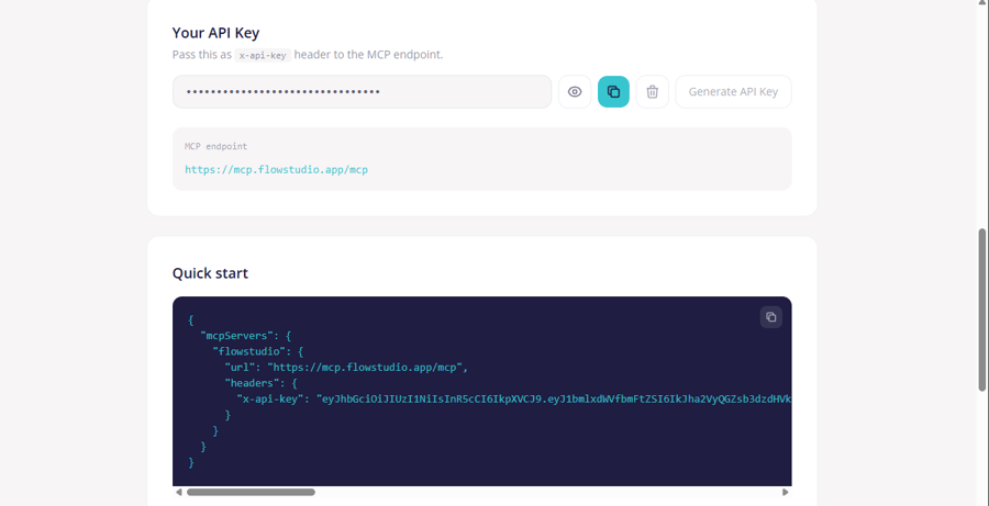 Your API Key section showing masked key with copy button, MCP endpoint, and Quick start JSON configuration
