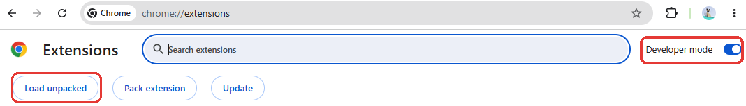 Chrome extensions page with Developer mode turned on and the Load unpacked button
