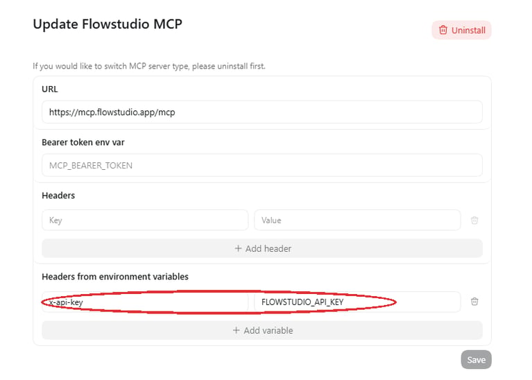 Codex Desktop MCP server configuration form with URL https://mcp.flowstudio.app/mcp, Bearer token env var empty, and Headers from environment variables row with x-api-key mapped to FLOWSTUDIO_API_KEY