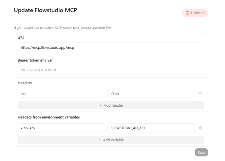 Codex Desktop MCP server configuration form with URL https://mcp.flowstudio.app/mcp, Bearer token env var empty, and Headers from environment variables row with x-api-key mapped to FLOWSTUDIO_API_KEY