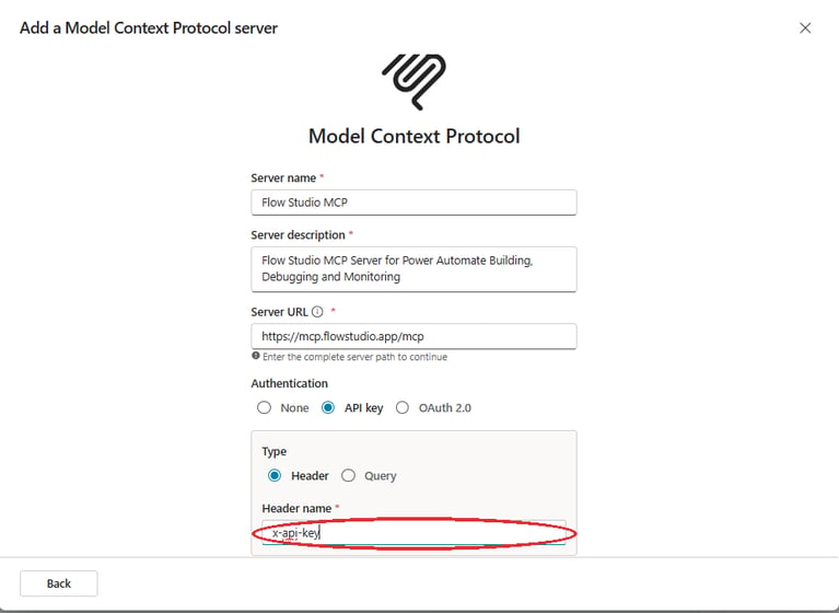 Copilot Studio Add a Model Context Protocol server form filled in with Server name Flow Studio MCP, Server URL https://mcp.flowstudio.app/mcp, Authentication API key, Type Header, Header name x-api-key