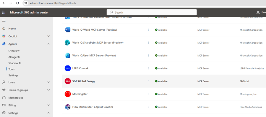 Microsoft 365 admin center Agents > Tools list with Flow Studio MCP Copilot Cowork showing status Available