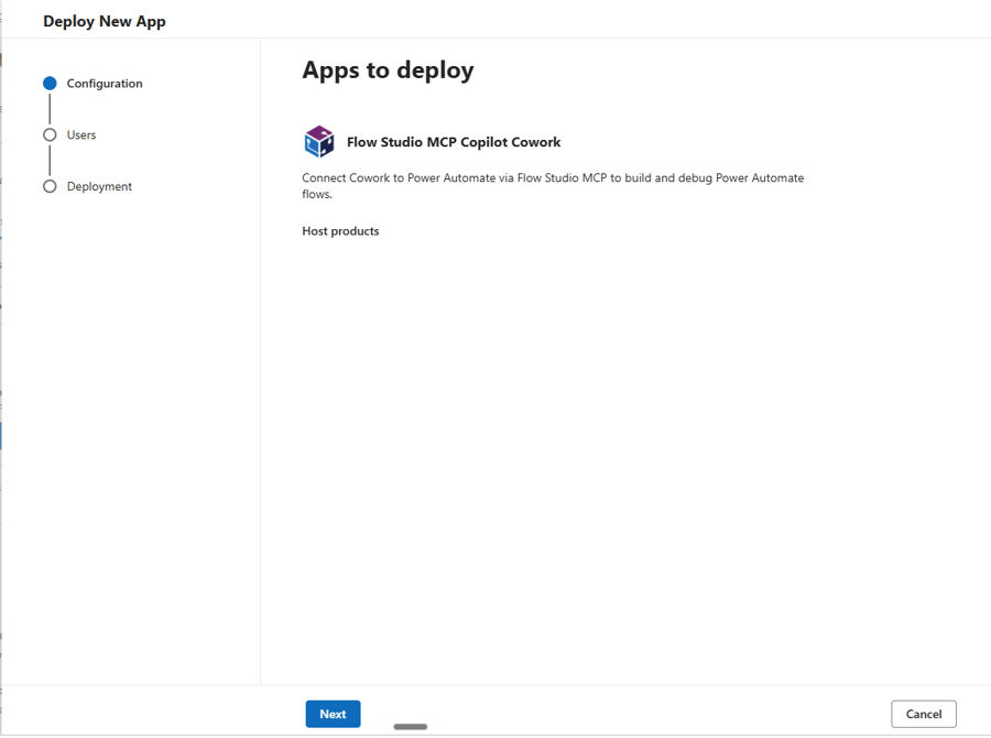 Deploy New App wizard with Flow Studio MCP Copilot Cowork under Apps to deploy, showing the Configuration, Users, and Deployment steps