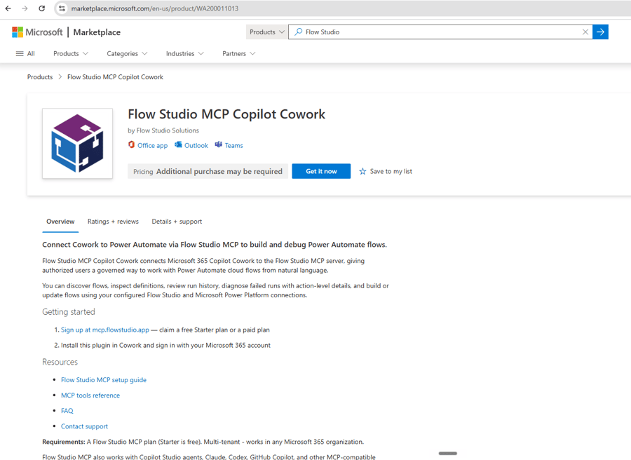 Flow Studio MCP Copilot Cowork Marketplace listing with the Get it now button