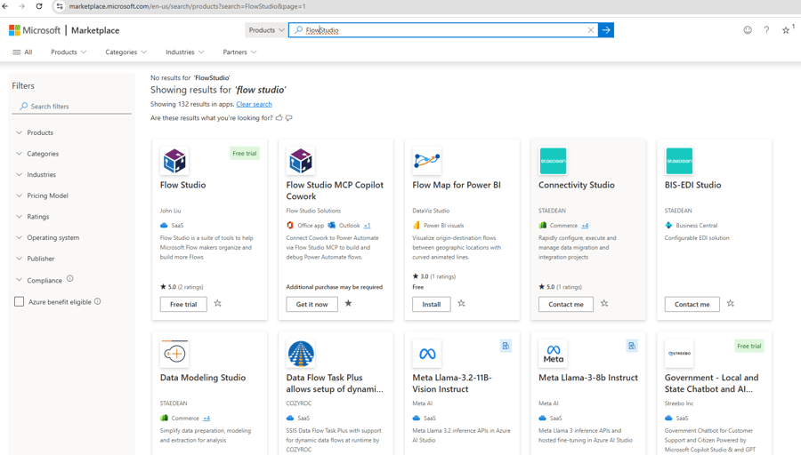 Microsoft Marketplace search results for Flow Studio, showing the Flow Studio MCP Copilot Cowork tile