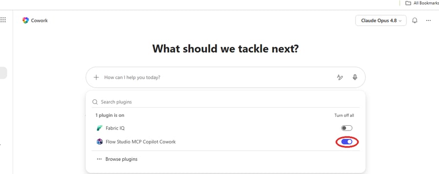 Cowork plugin picker with the Flow Studio MCP Copilot Cowork toggle switched on