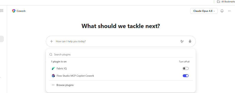 Cowork plugin picker with the Flow Studio MCP Copilot Cowork toggle switched on