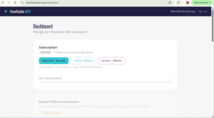 Dashboard showing NO PLAN state with Start Free - 100 calls button