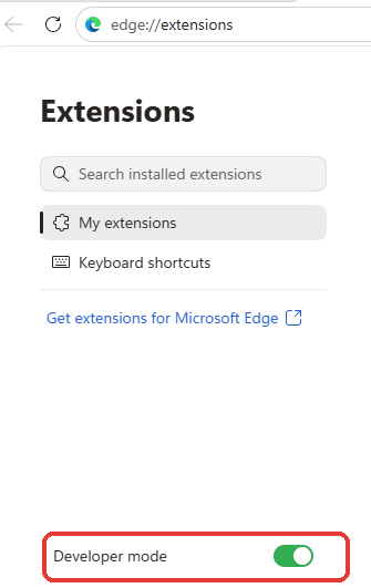 Edge extensions page with the Developer mode toggle at the bottom of the left sidebar