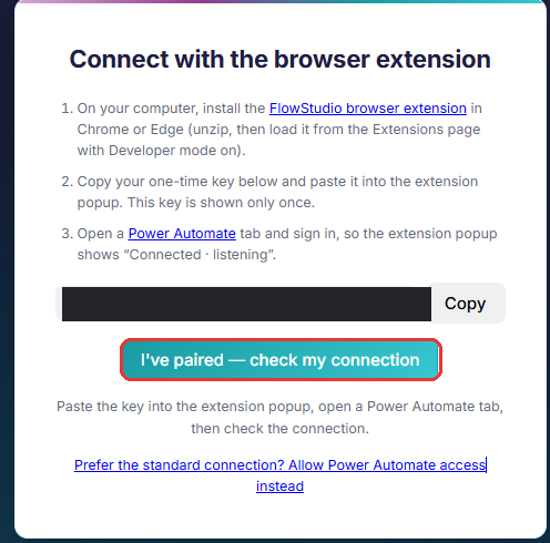 Flowra pairing screen showing the setup steps, the one-time key with its Copy button, and the check my connection button