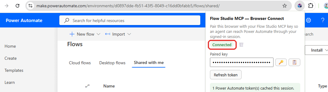 FlowStudio browser extension popup showing Connected status while signed in to Power Automate