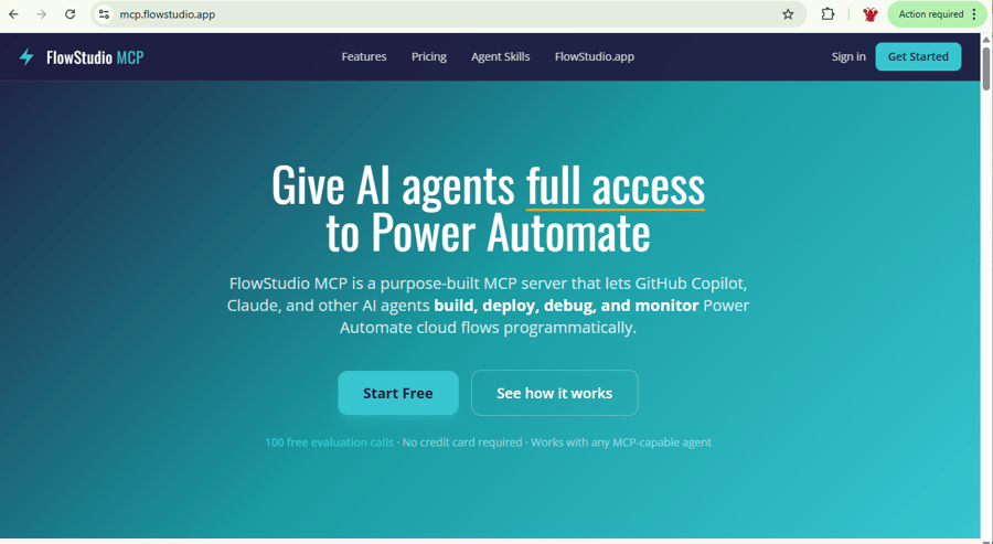 Flow Studio MCP landing page showing the Start Free button