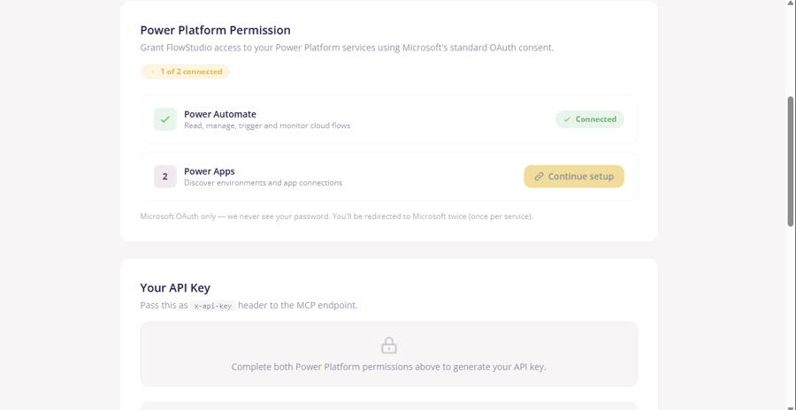 Power Platform Permissions showing 1 of 2 connected — Power Automate connected, Power Apps showing Continue setup button