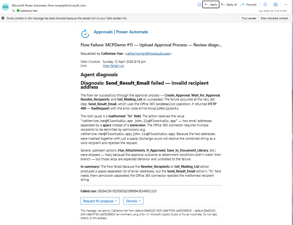Full diagnosis from the Copilot Studio agent showing root cause analysis with action chain trace