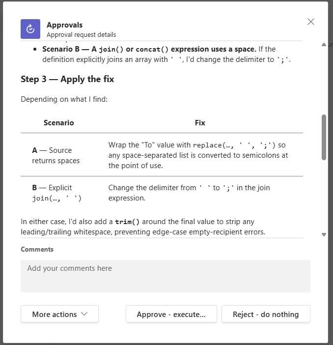Agent proposed fix showing concrete fix scenarios with replace and join alternatives plus Approve and Reject buttons