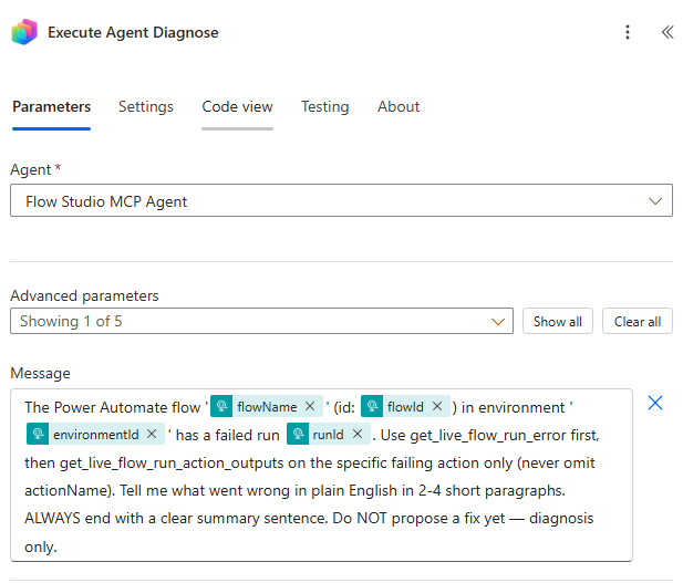 Execute Agent Diagnose action in Power Automate showing the full prompt with dynamic content tokens and all four constraints