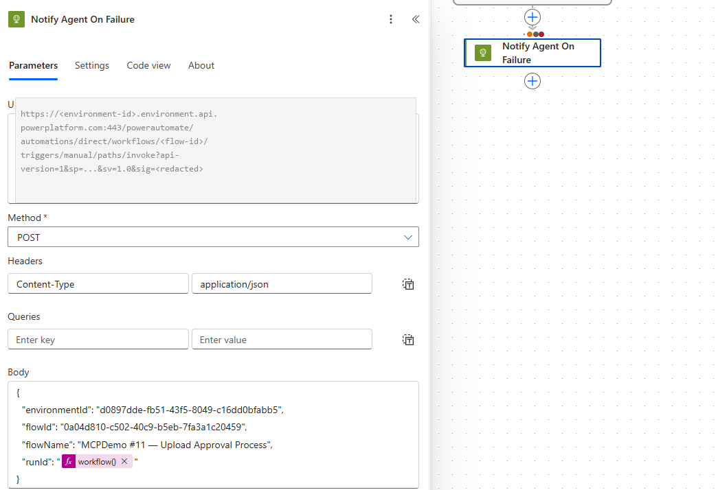 Notify Agent On Failure HTTP action in the monitored flow showing the POST to the handler trigger URL with JSON body