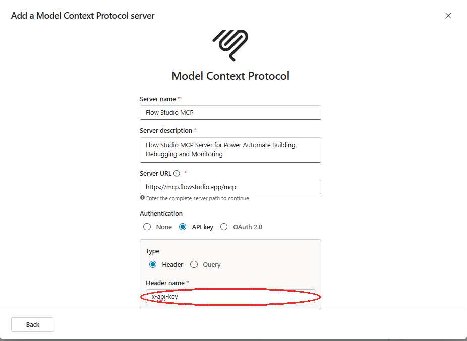 Copilot Studio MCP server form showing Server URL, Authentication API key, Type Header, Header name x-api-key