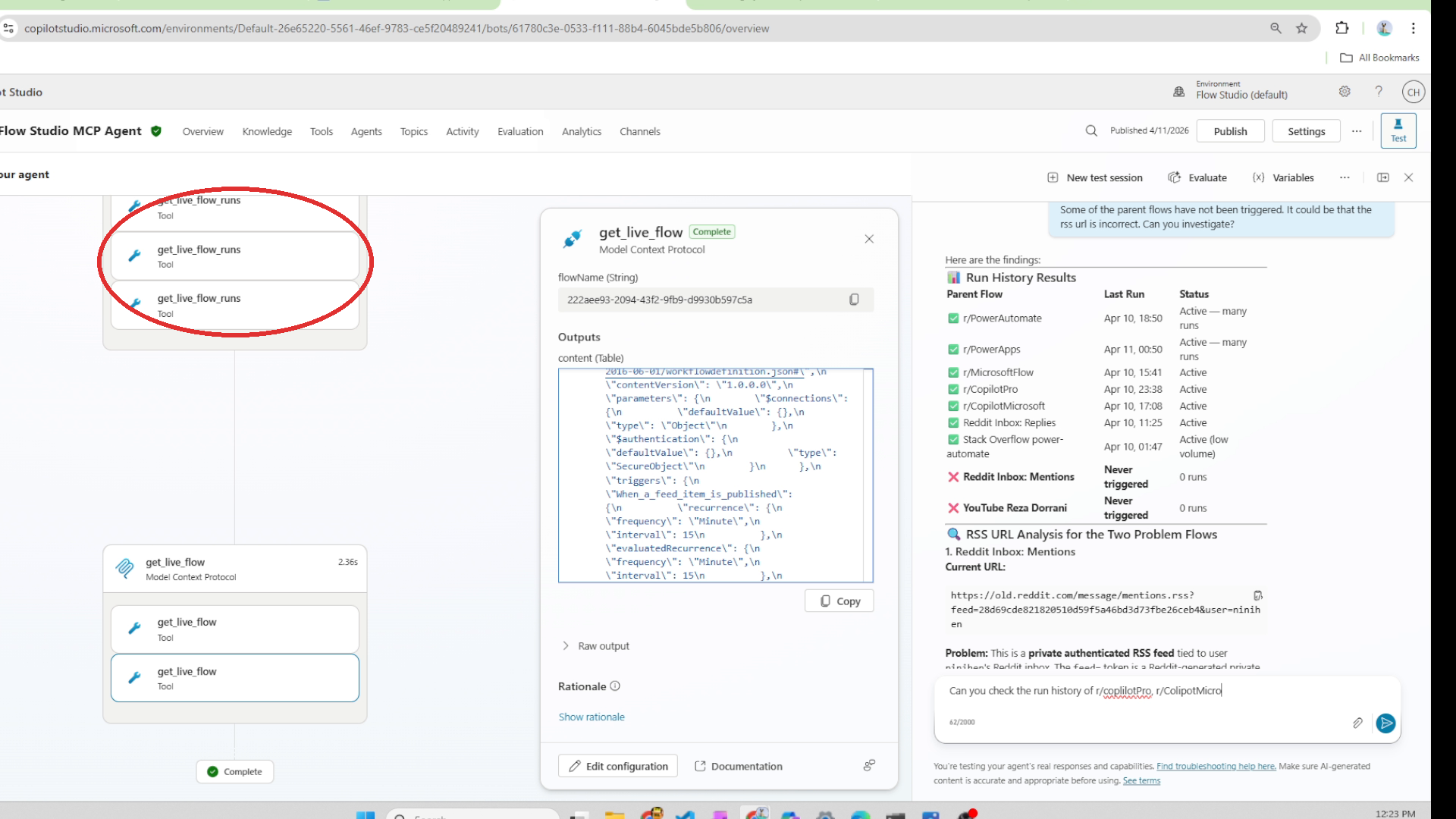 Copilot Studio test pane showing MCP tool calls and verdict table for Forum Monitor flow