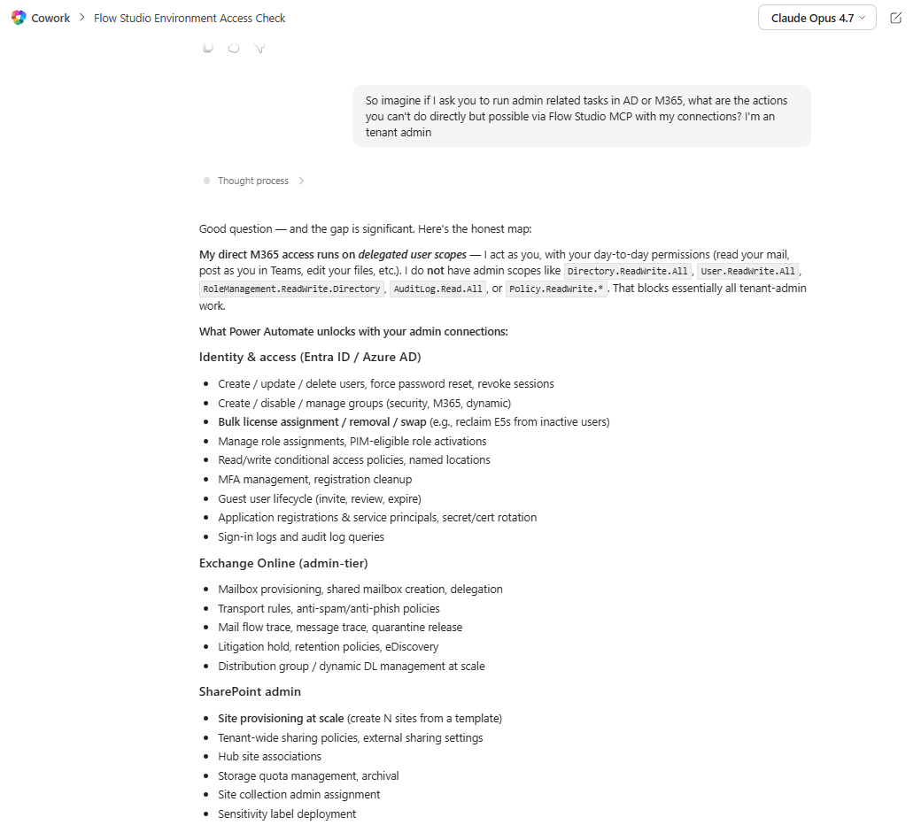 Cowork mapping the admin tasks it cannot do directly but can run through Power Automate: Entra ID, Exchange admin, SharePoint admin