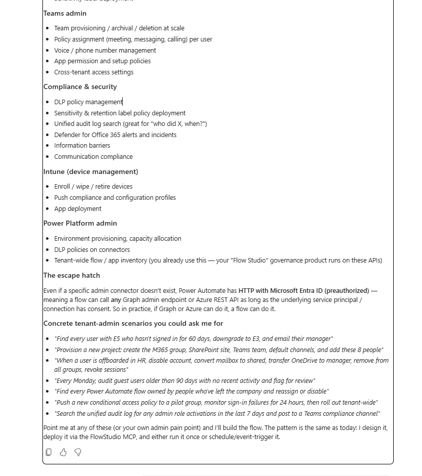 Cowork listing Teams, compliance, Intune and Power Platform admin tasks, the HTTP with Entra ID escape hatch, and concrete tenant-admin scenarios