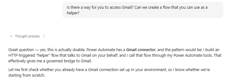 Asking Copilot Cowork whether it can access Gmail through a helper flow