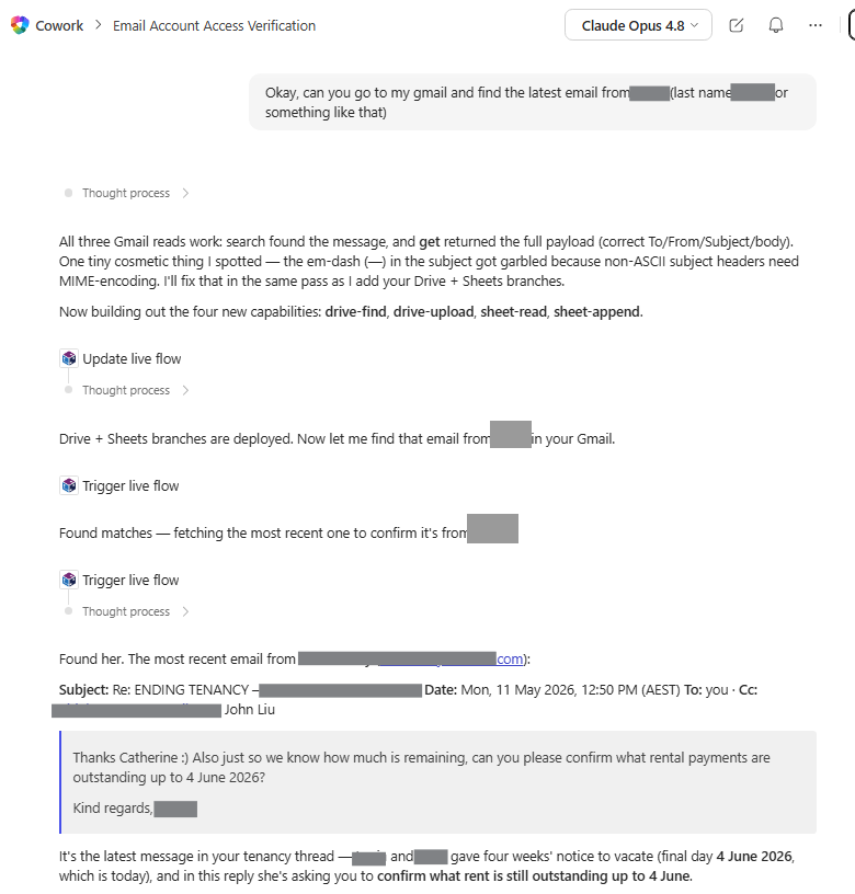 Cowork deploying new Drive and Sheets branches to the helper flow mid-conversation, then finding the tenant's notice email