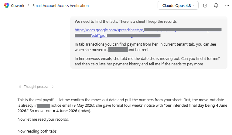 Pointing Cowork at the Google Sheet and asking for the move-out date and payment reconciliation
