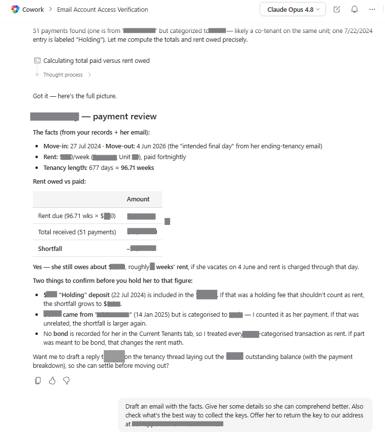 Cowork's payment review: 51 payments matched, shortfall computed, assumptions flagged for confirmation