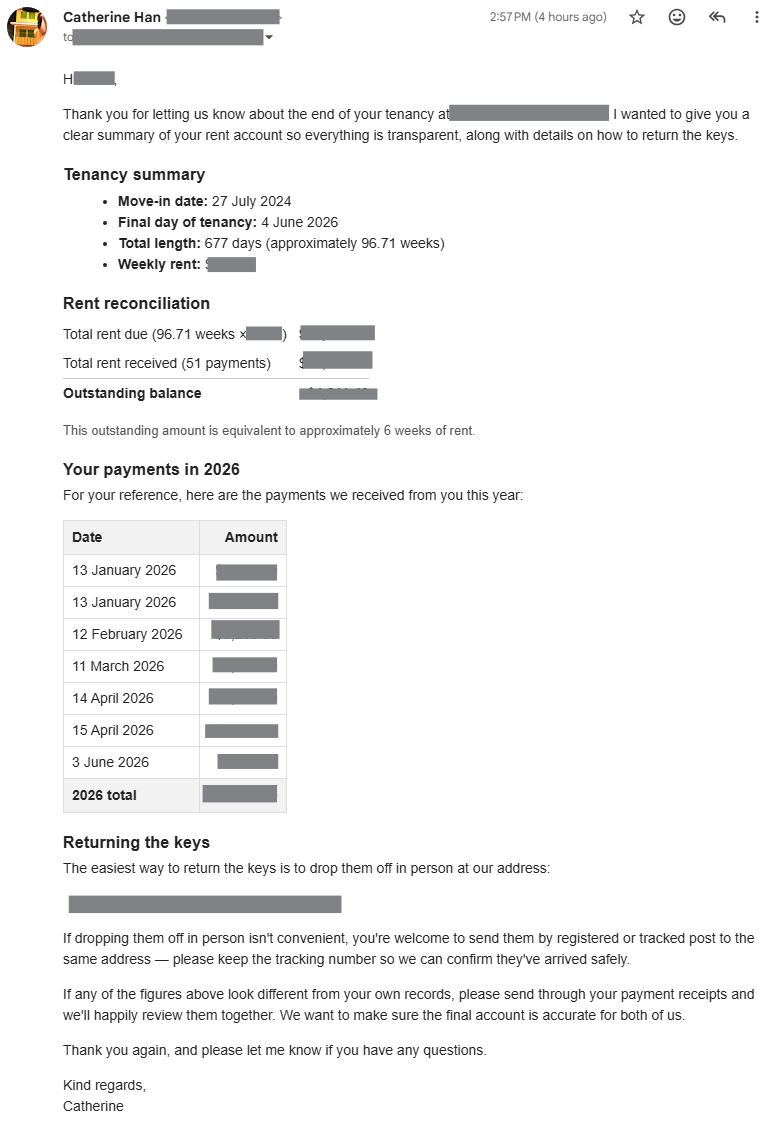 The ready-to-send draft reply in Gmail with the tenancy summary and rent reconciliation