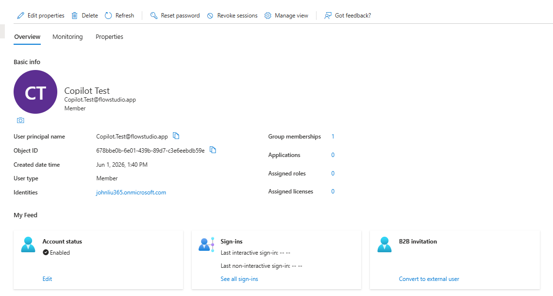 Microsoft Entra ID showing the target user now Enabled — the scoped executor made the real change after approval