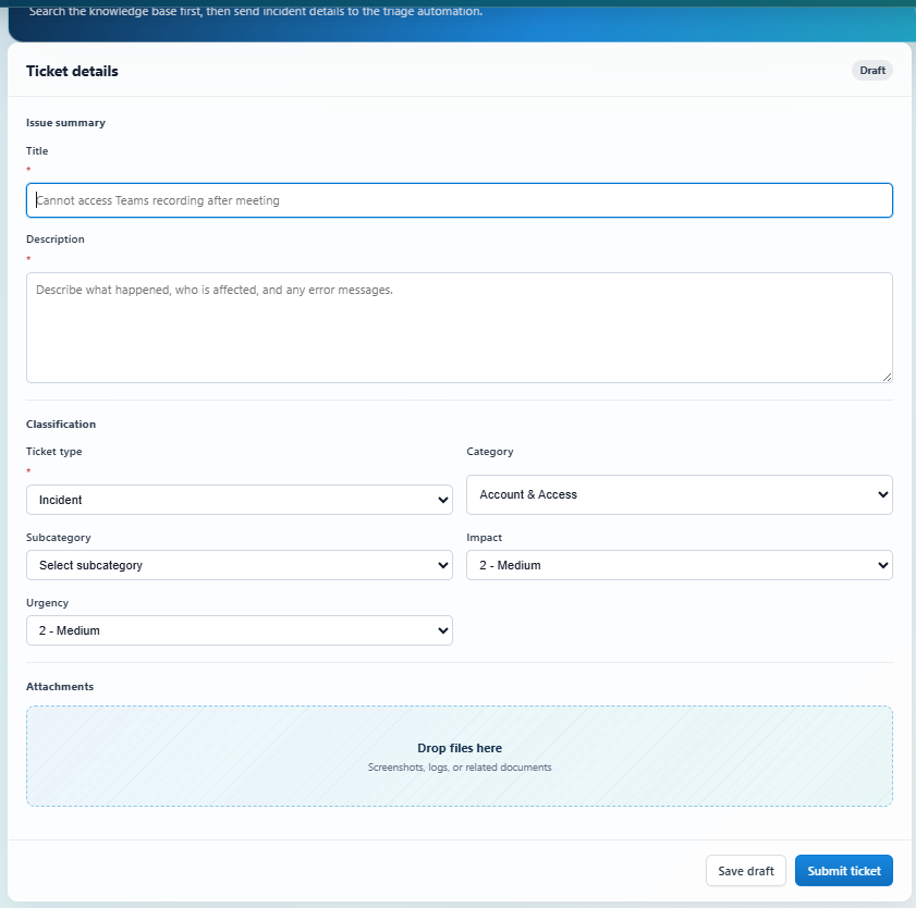 The submit-a-ticket form — on submit it becomes a SharePoint Tickets row that triggers the pipeline