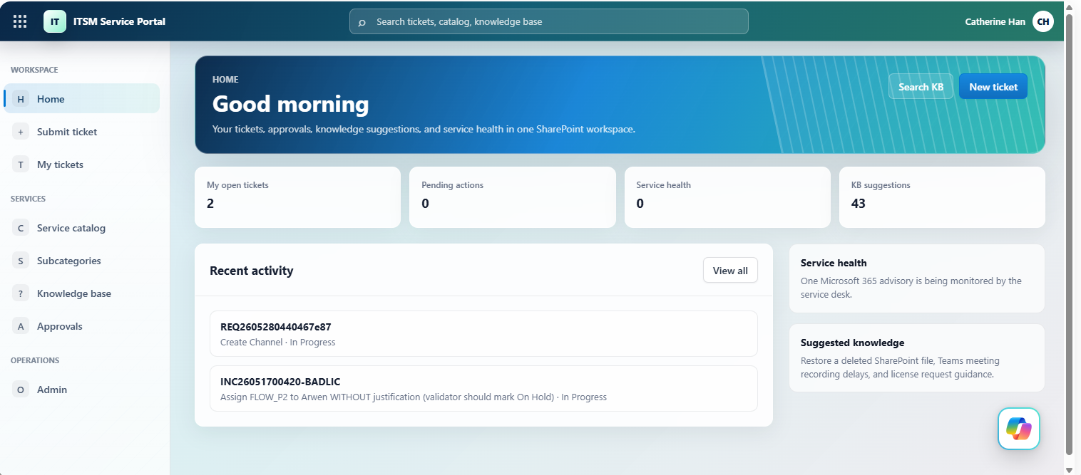 The ITSM Service Portal home — the SPFx app dashboard: open tickets, pending approvals, KB suggestions, service health