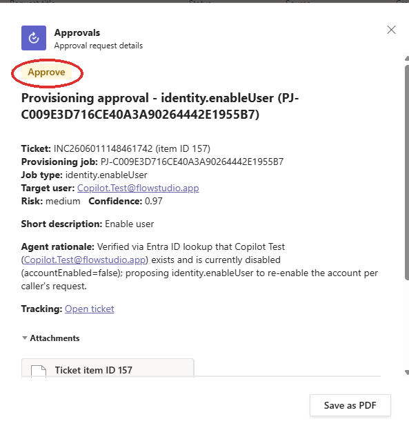 The manager's one-tap approval card in Teams: the proposed action with target user, risk, confidence, and the agent's rationale
