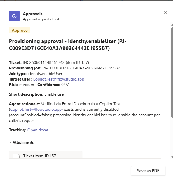 The manager's one-tap approval card in Teams — the proposed action with target user, risk, confidence, and the agent's rationale