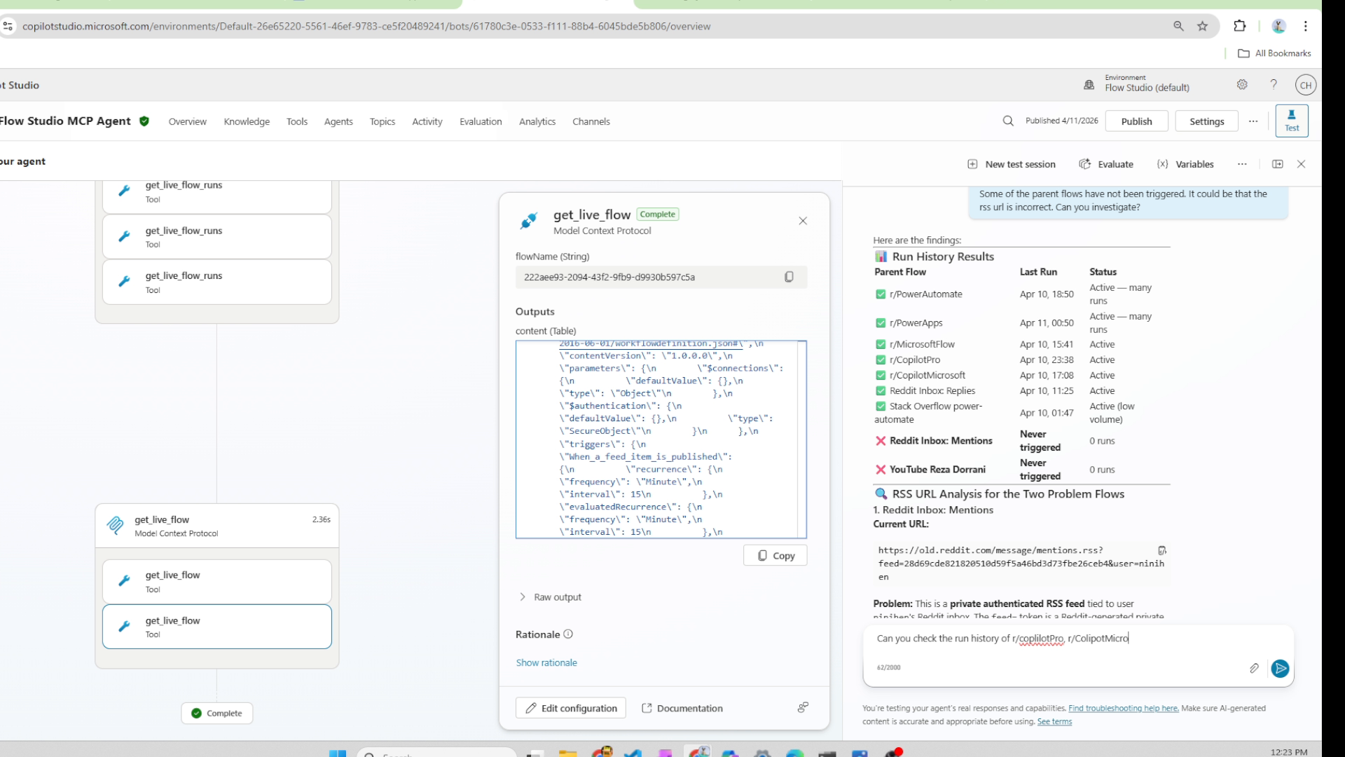 Copilot Studio test pane showing MCP tool calls and verdict table for Forum Monitor flow
