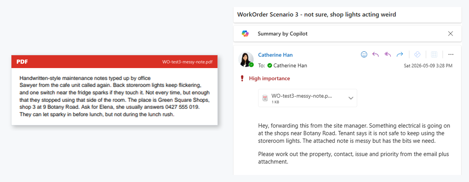 Outlook test email for Scenario 3 - not sure, shop lights acting weird. Left panel shows handwritten-style PDF maintenance note with scattered details about flickering lights at Green Square Shops, Botany Road. Right panel shows informal forwarded email body asking to work out property, contact, issue, and priority from the email plus attachment.