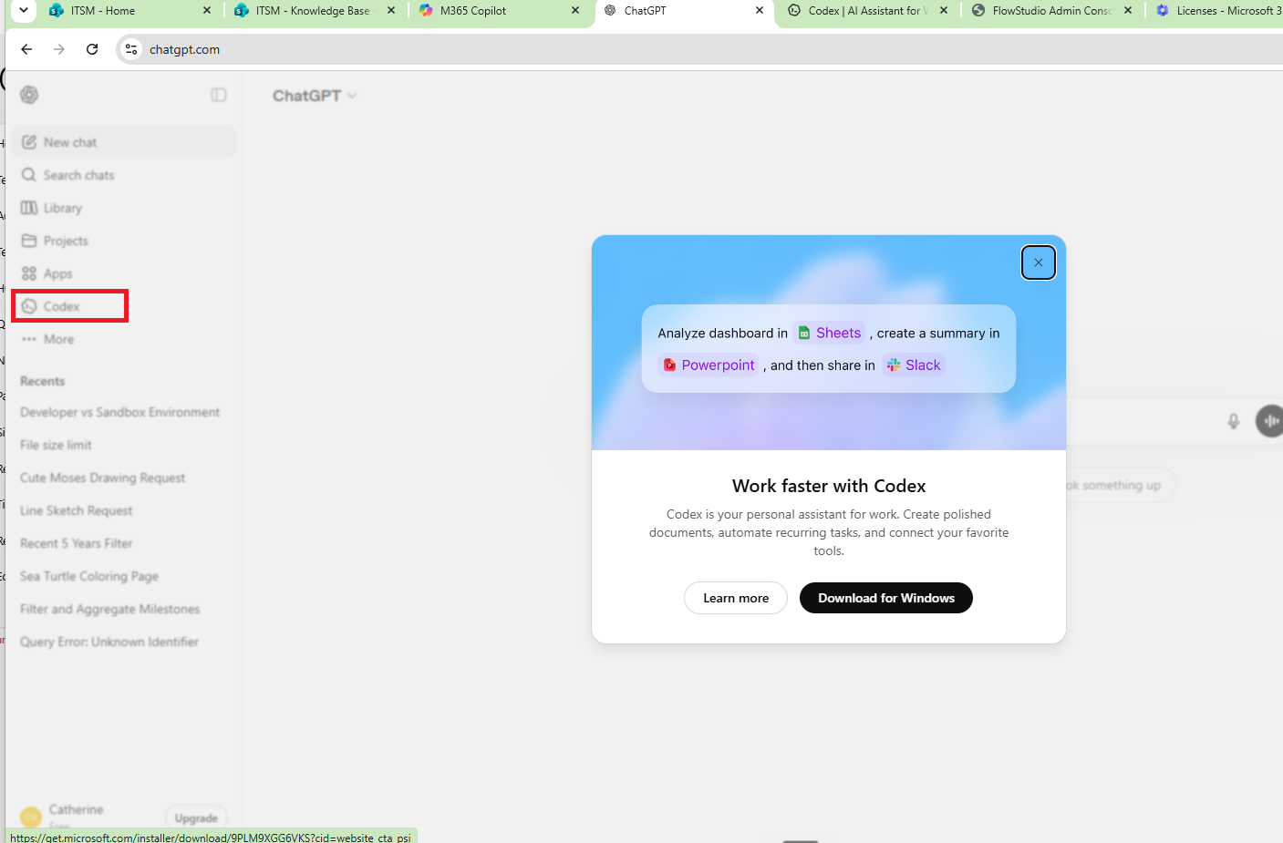 ChatGPT with Codex highlighted in the left sidebar and the Download for Windows button in the Work faster with Codex pop-up