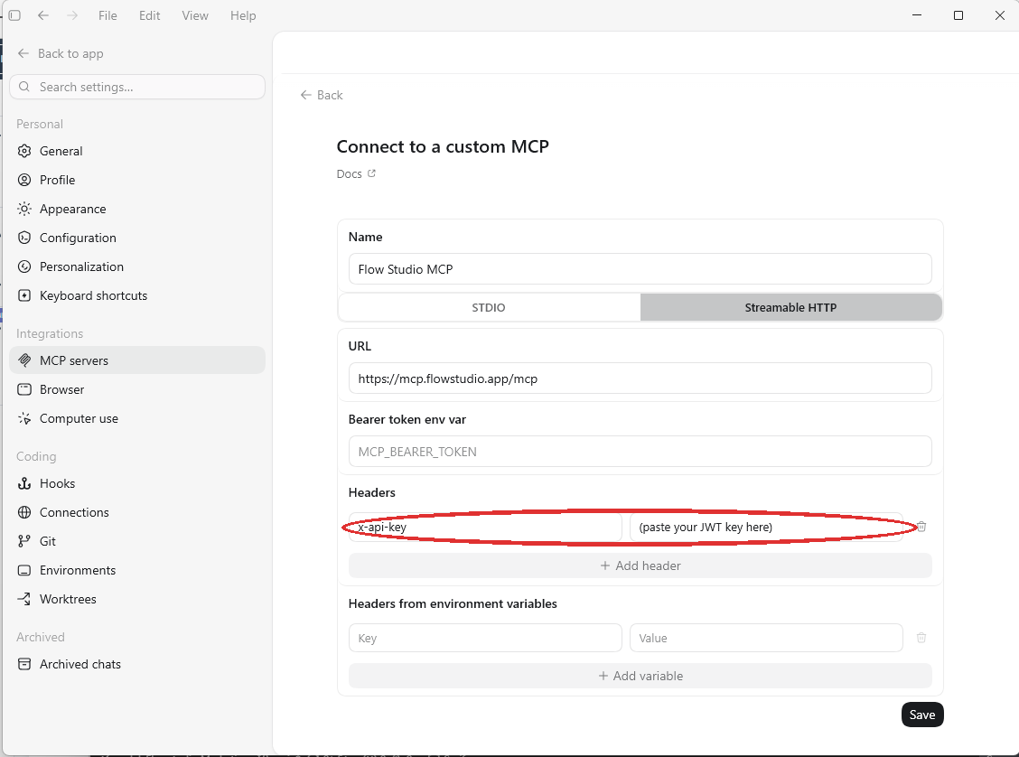 Codex Desktop Connect to a custom MCP form: URL https://mcp.flowstudio.app/mcp, Bearer token env var left empty, and a Headers row with key x-api-key and the JWT as the value