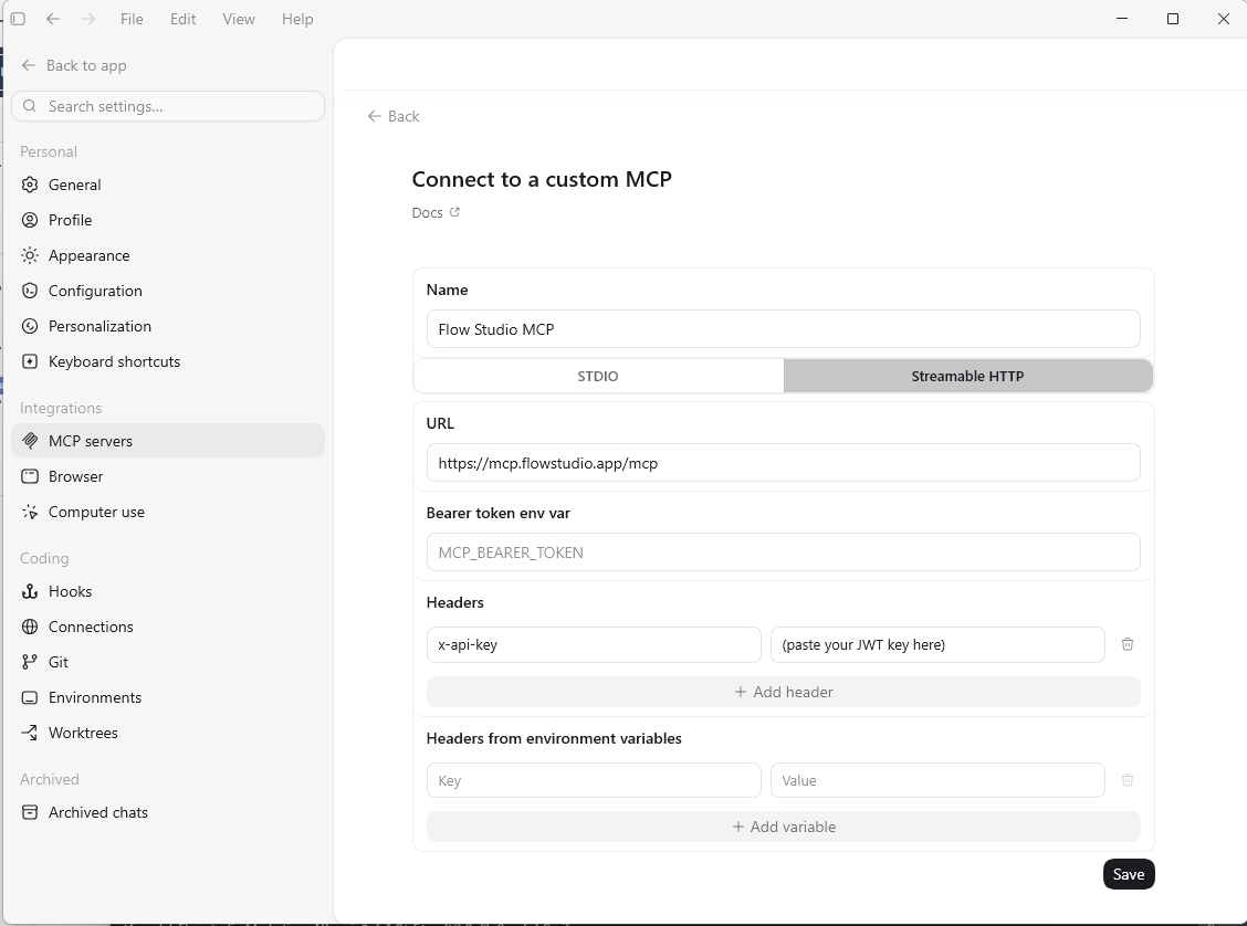 Codex Desktop Connect to a custom MCP form: URL https://mcp.flowstudio.app/mcp, Bearer token env var left empty, and a Headers row with key x-api-key and the JWT as the value